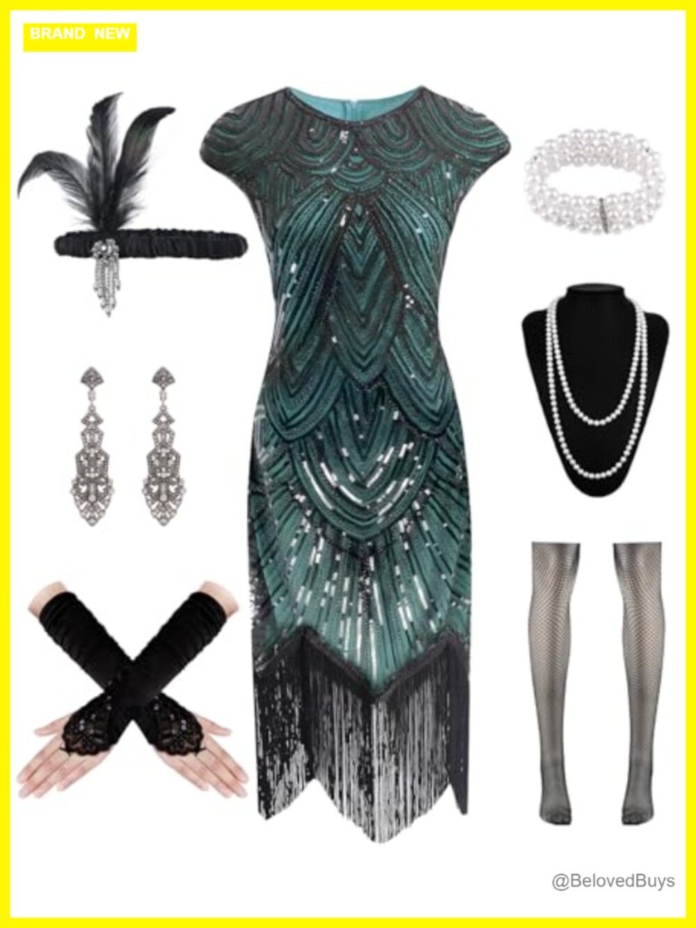 1920s Flapper Dress Set Sequin Fringe Satin Gloves Headband Costume Accessories